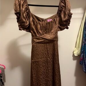 Brown Leopard Print Dress with Puff Sleeves